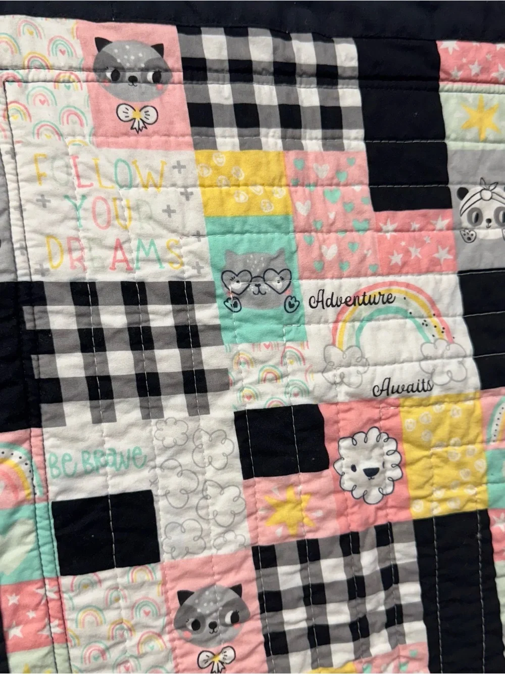 Handmade Baby Nursery Quilt Animals Rainbows & Checkered Reversible Patchwork